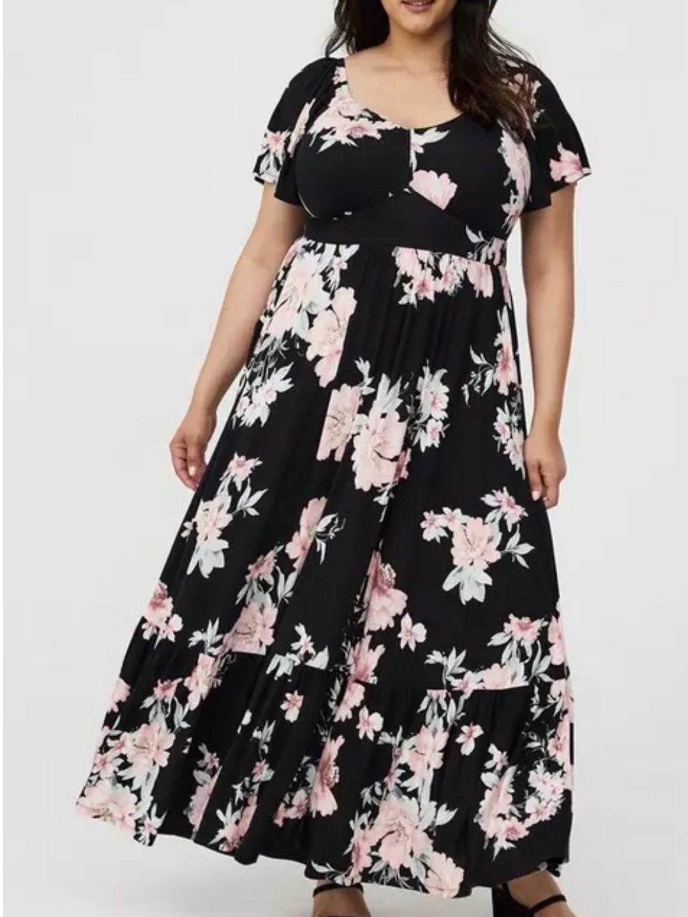 torrid Flutter Sleeve Black Maxi Dress with Pink Floral Print